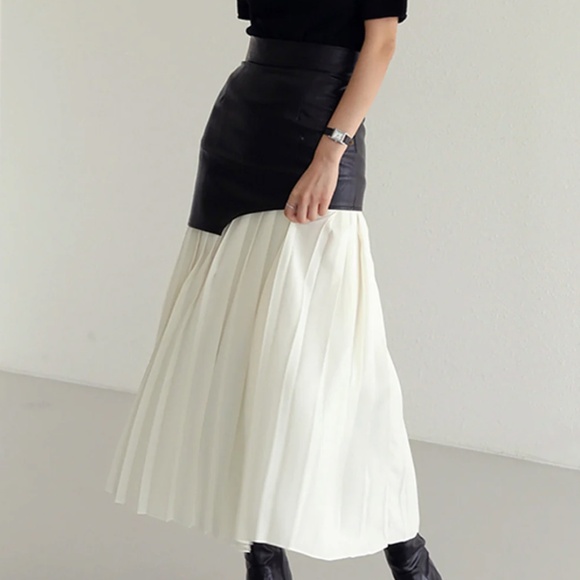 NWT Black White Asymmetric Patchwork Faux Leather Chiffon Pleated Midi Skirt - Picture 4 of 6